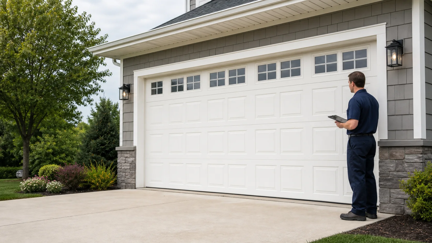 CLE Garage Doors technician inspecting a closed residential garage door