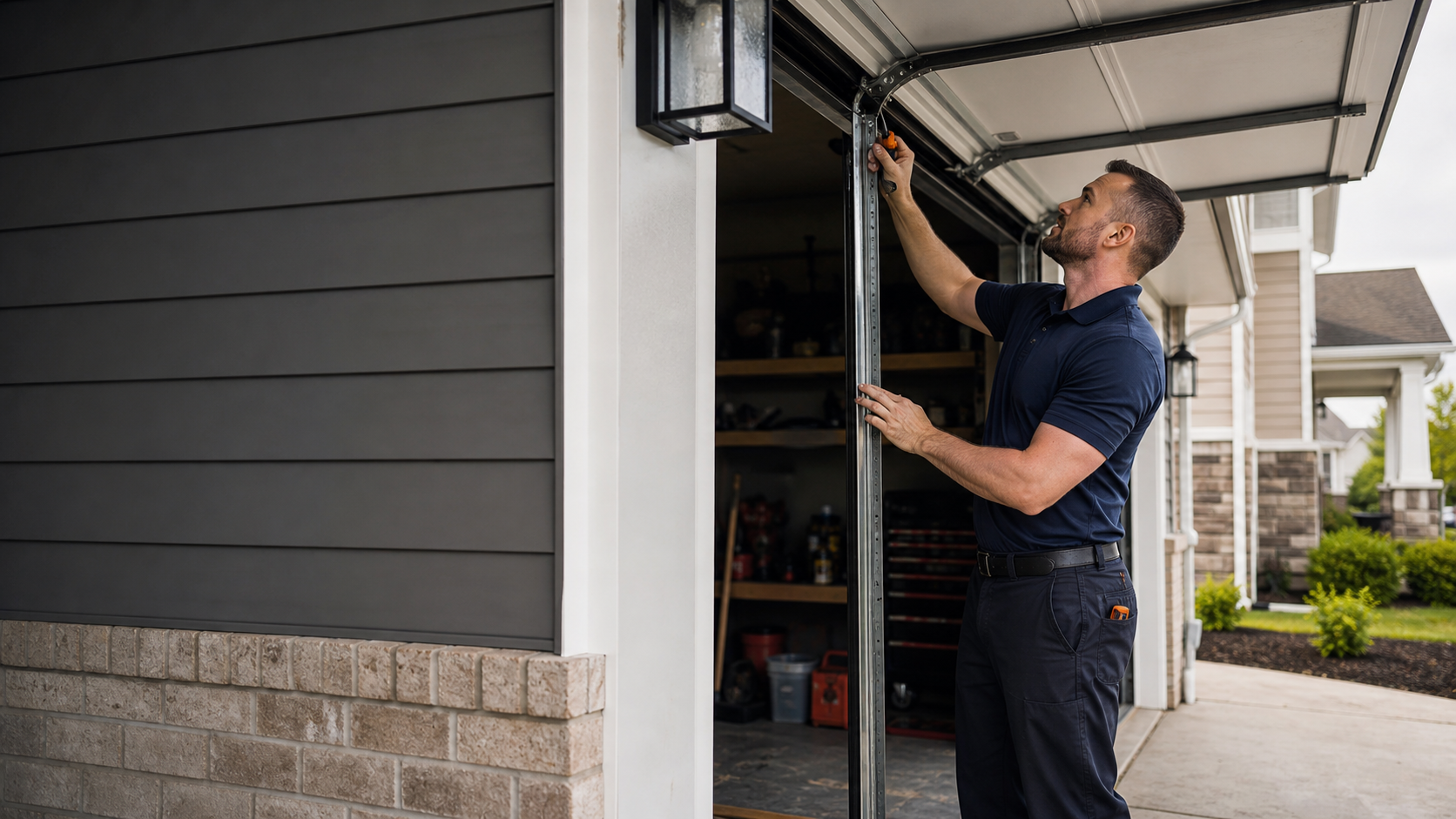 Garage door technician preparing to inspect a residential door