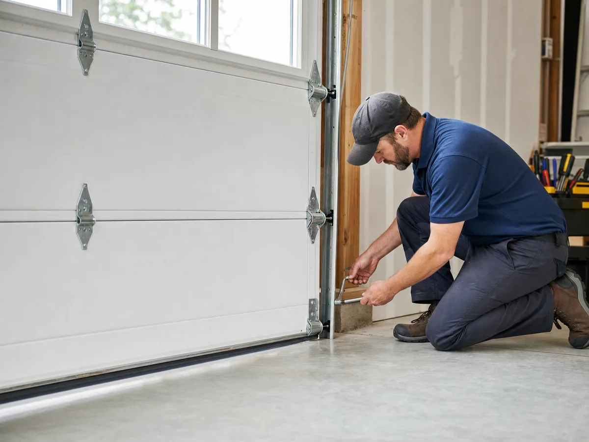 Technician repairing the lower roller and hinge of a garage door